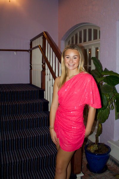 Neon Pink Wrap Sequin Dress