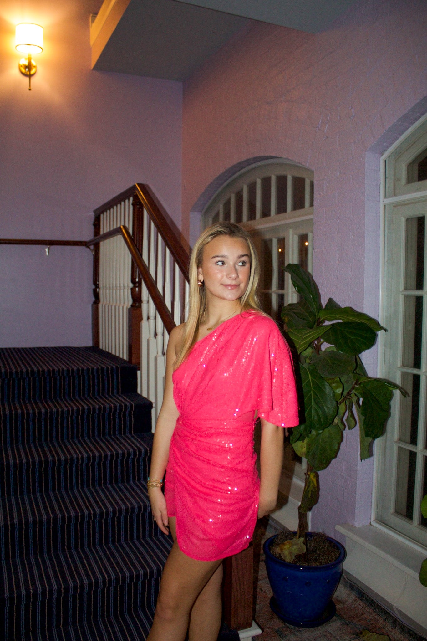Neon Pink Wrap Sequin Dress