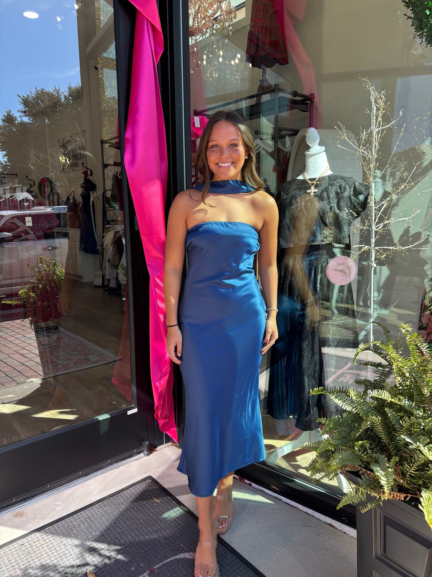 Midnight Blue Strapless Scarf Detail Maxi Dress