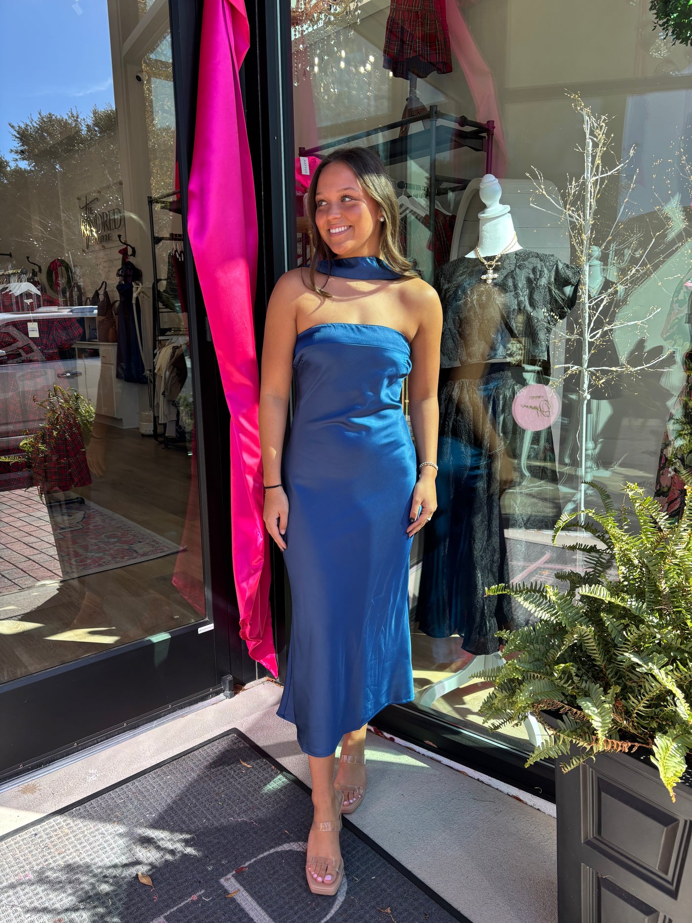 Midnight Blue Strapless Scarf Detail Maxi Dress