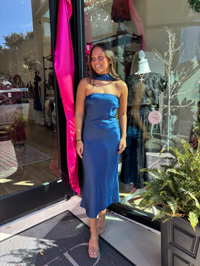Midnight Blue Strapless Scarf Detail Maxi Dress