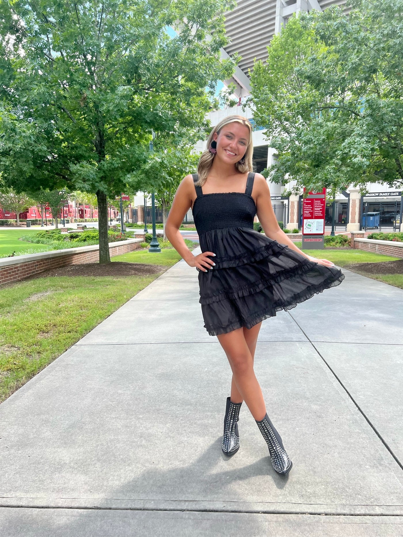Smocked Ruffle Seam Dress- Black