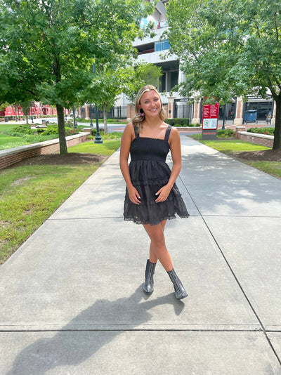 Smocked Ruffle Seam Dress- Black