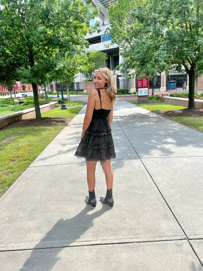 Smocked Ruffle Seam Dress- Black