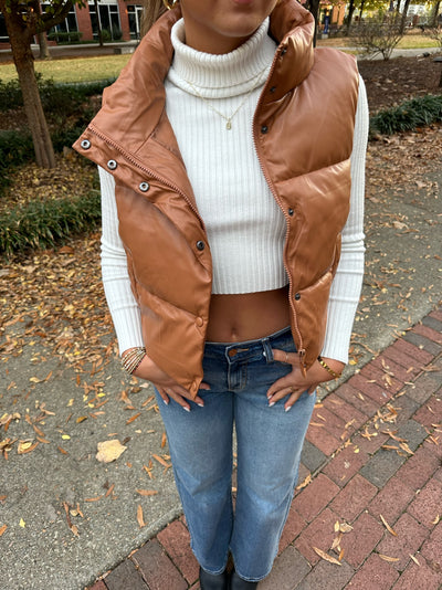 Dark Camel Faux Leather Puffer Vest