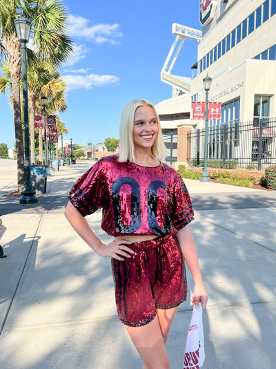 Sparkle Game Day Shorts- Garnet/ Black