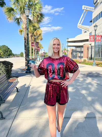 Sparkle Game Day Crop Top - Garnet/ Black