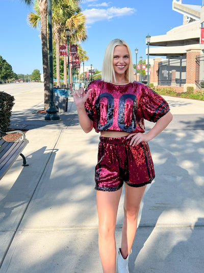 Sparkle Game Day Crop Top - Garnet/ Black