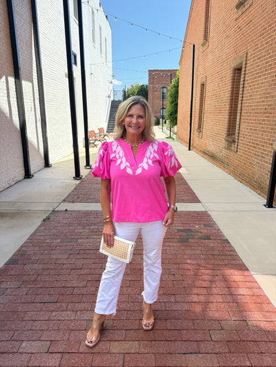 Leaf Embroidered Puff Sleeve Top