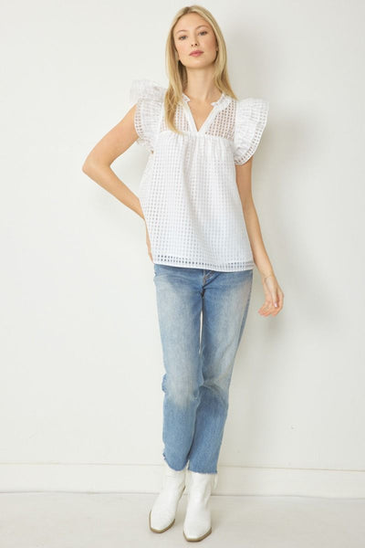 Short Sleeve Grid Baby Doll Top-White