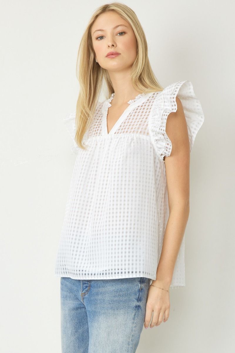 Short Sleeve Grid Baby Doll Top-White