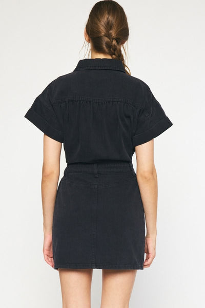 Black Short Sleeve Denim Dress