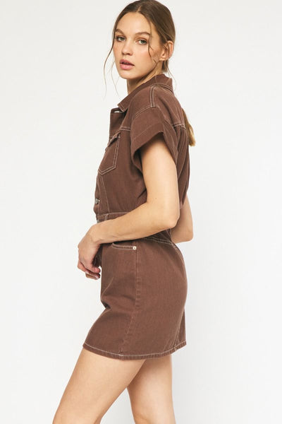 Brown Short Sleeve Denim Dress