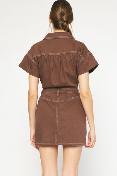 Brown Short Sleeve Denim Dress