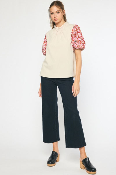 Embroidered Puff Sleeve Top-Natural