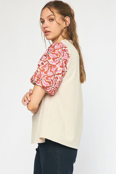 Embroidered Puff Sleeve Top-Natural