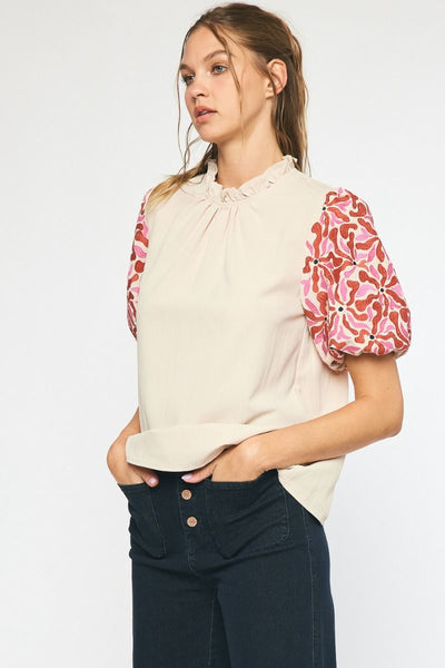 Embroidered Puff Sleeve Top-Natural