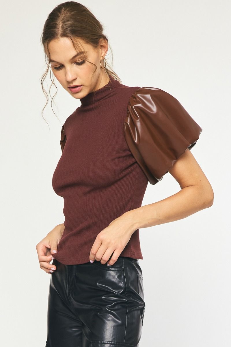 Brown Vegan Leather Puff Sleeve Top