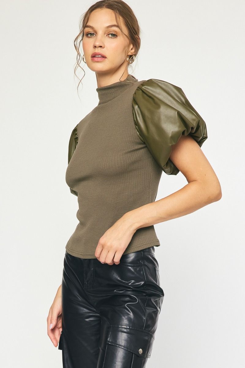 Olive Vegan Leather Puff Sleeve Top