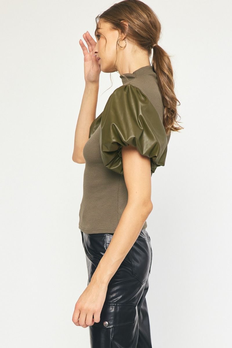 Olive Vegan Leather Puff Sleeve Top