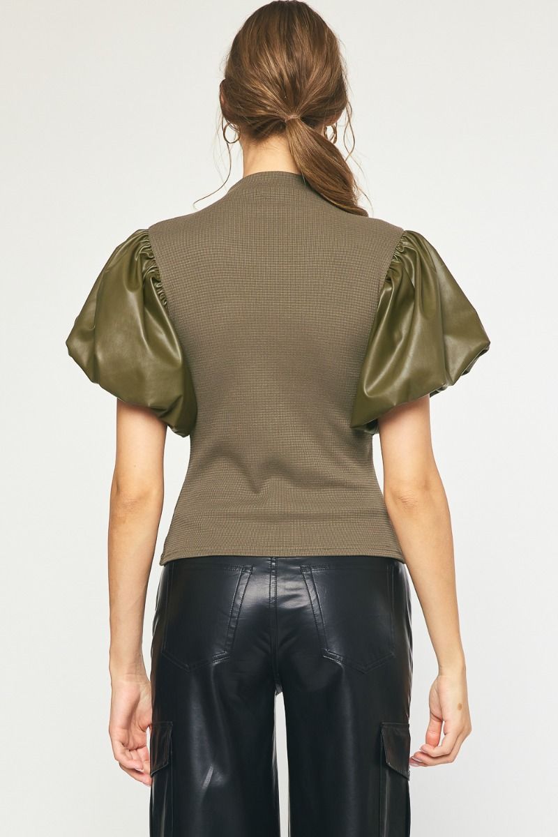 Olive Vegan Leather Puff Sleeve Top