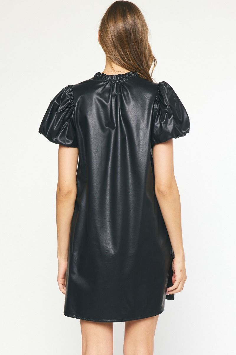 Faux Leather Mini Dress-Black