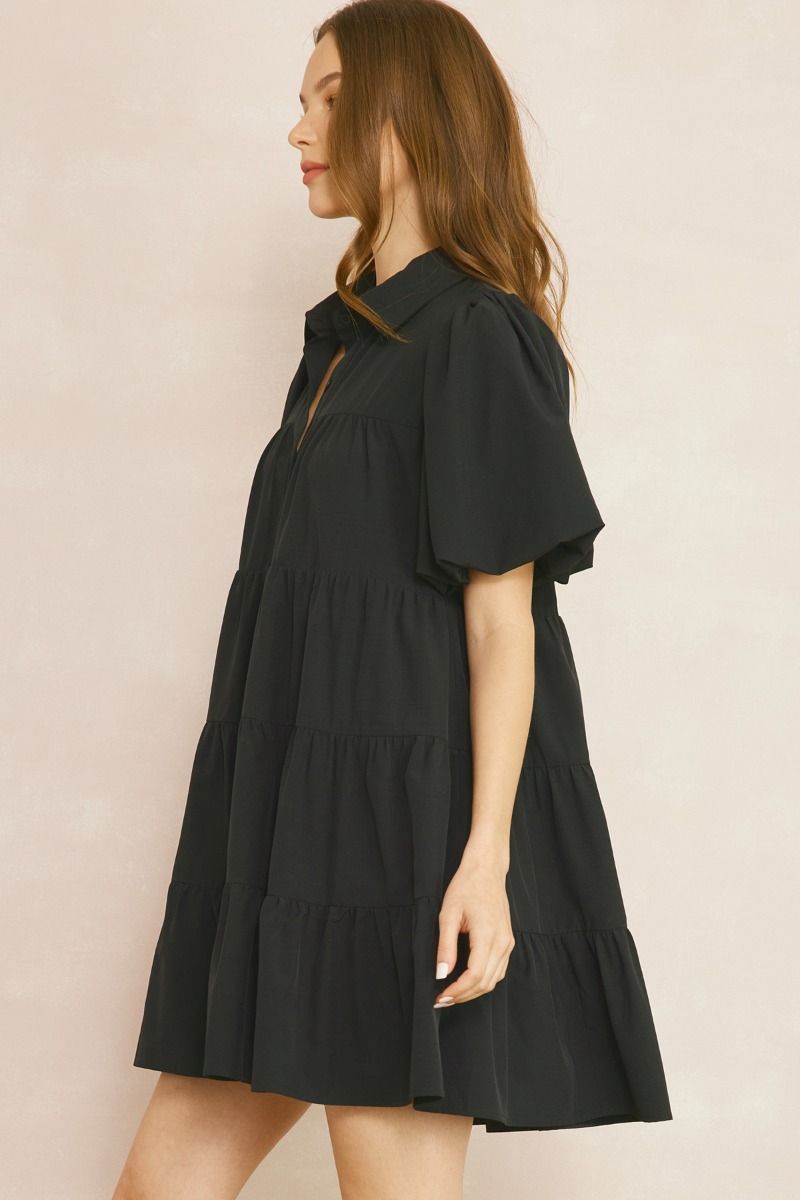 Button Up Tiered Mini Dress- Black
