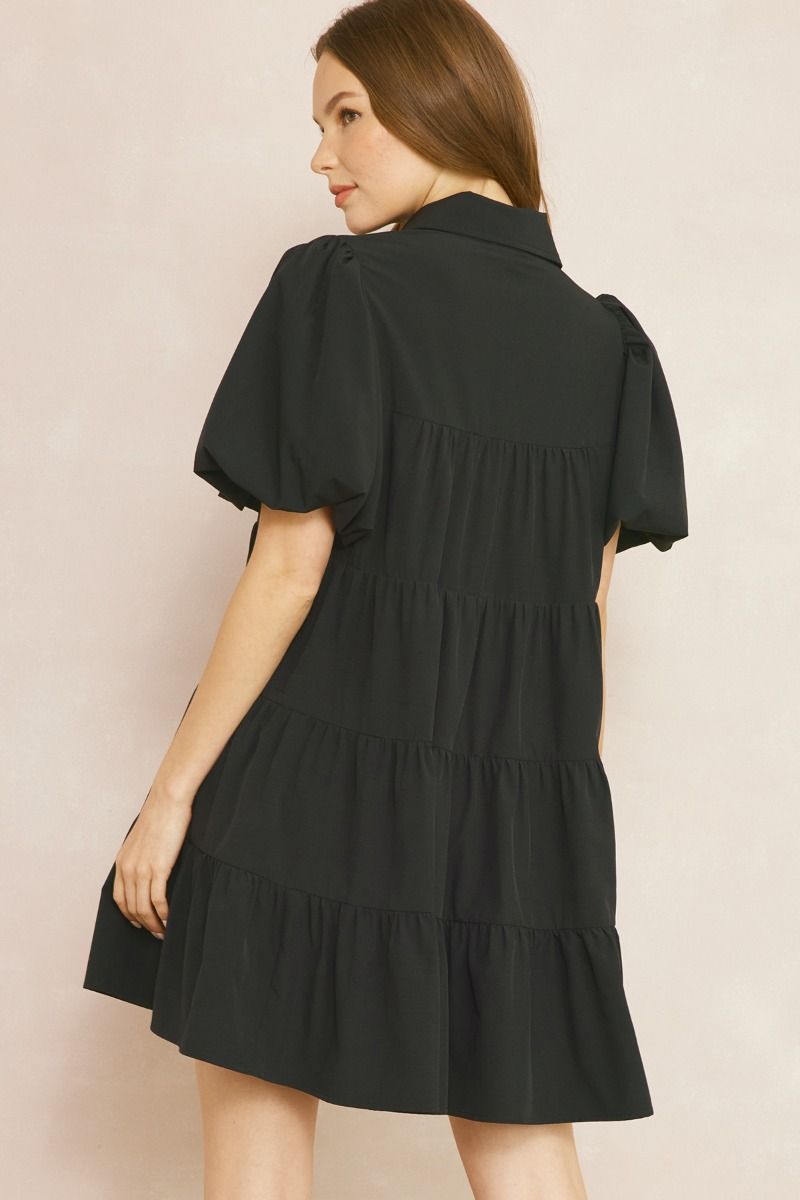 Button Up Tiered Mini Dress- Black