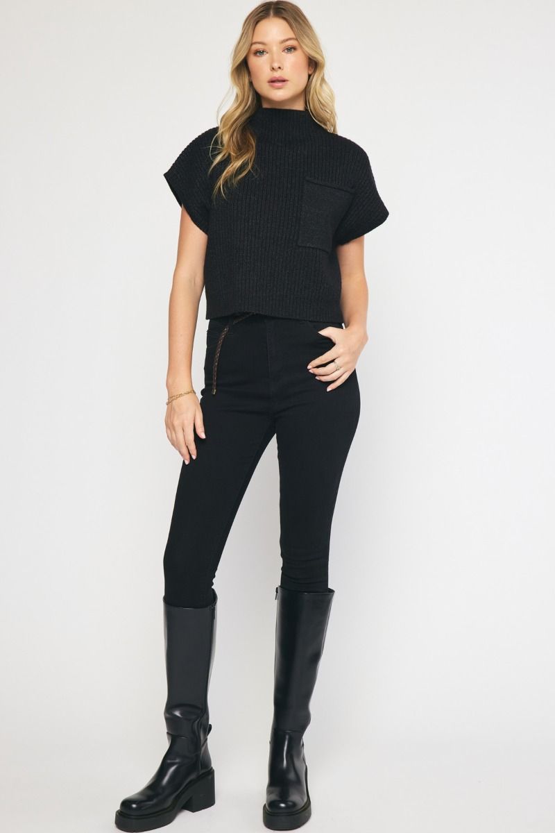 Mock Neck Thick Ribbed Sweater- Black