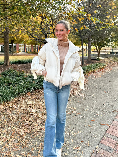 Satin Ribbon Detail Puffer Jacket- Cream