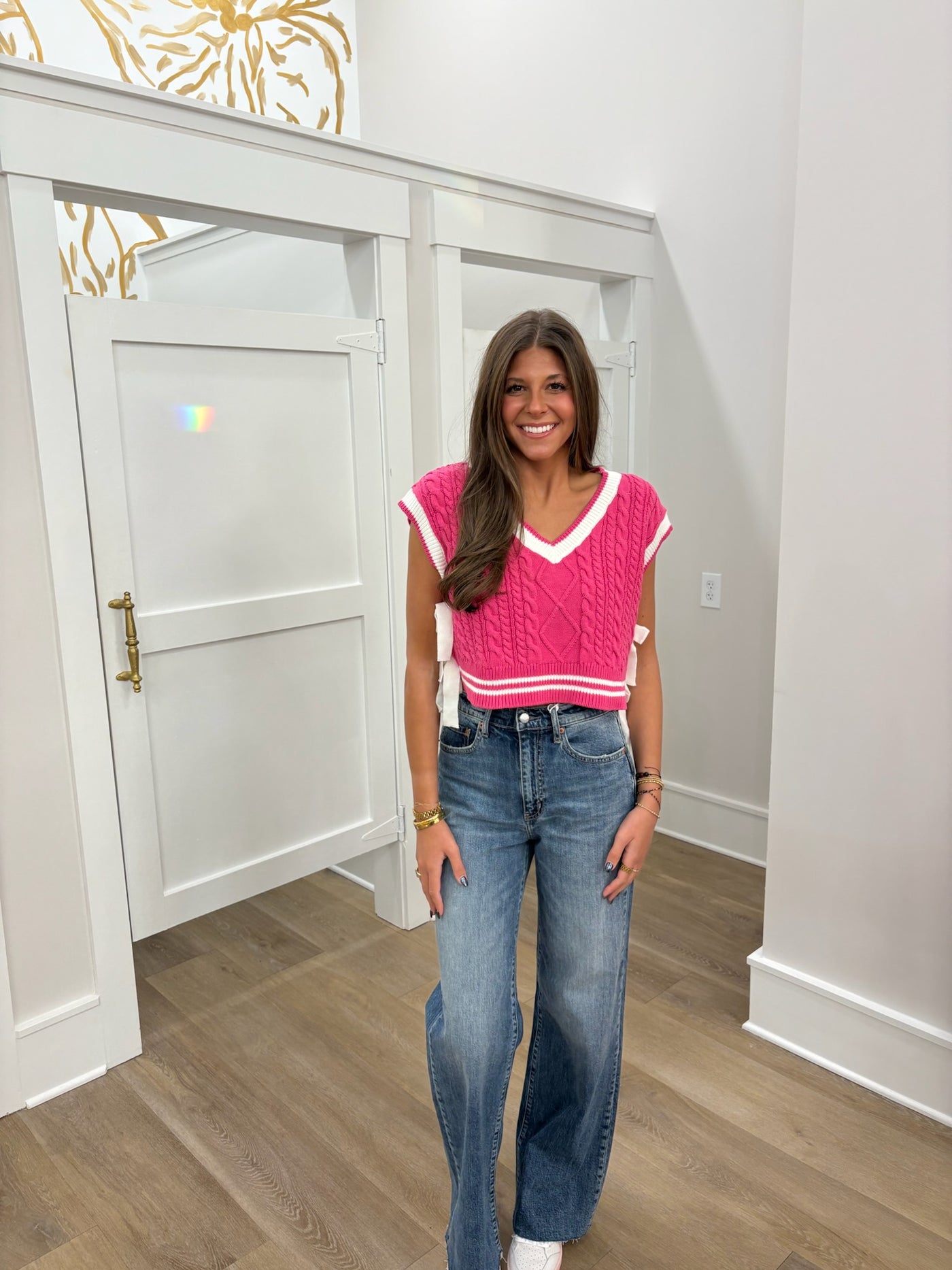 V-Neck Bow Sweater Vest- Hot Pink