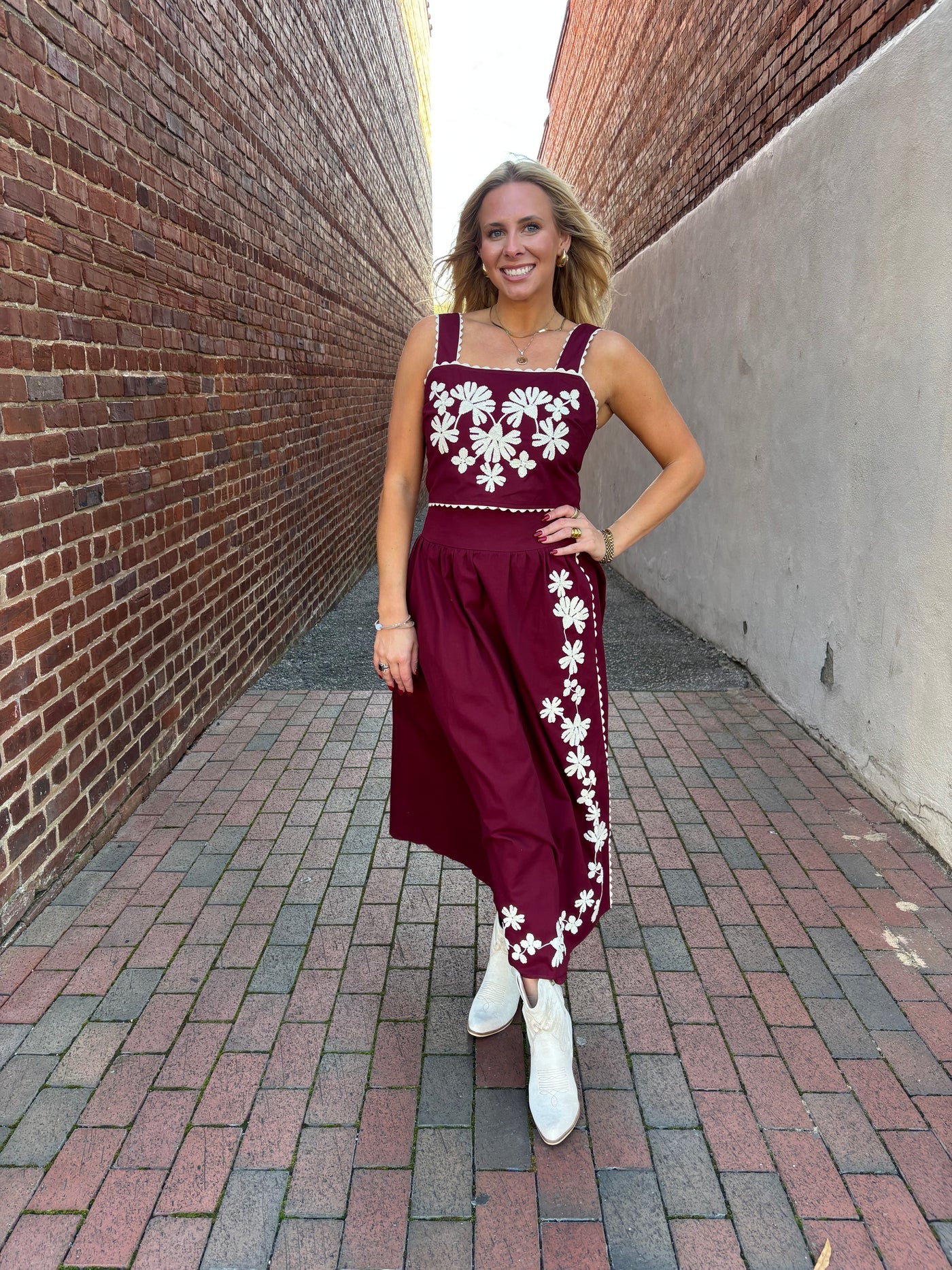 Floral Embroidered Midi Skirt Set