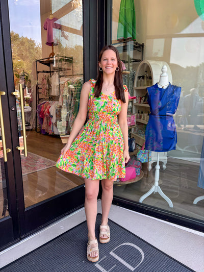 Bright Green Printed Tie Strap Mini Dress