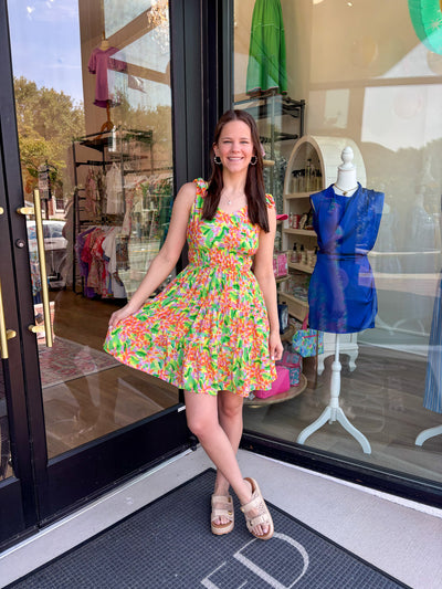 Bright Green Printed Tie Strap Mini Dress