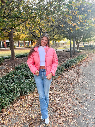 Mock Neck Puffer Jacket-Soft Coral