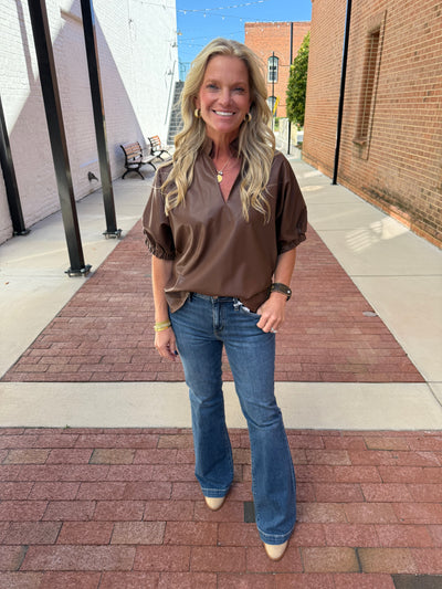 Faux Leather Puff Sleeve Top