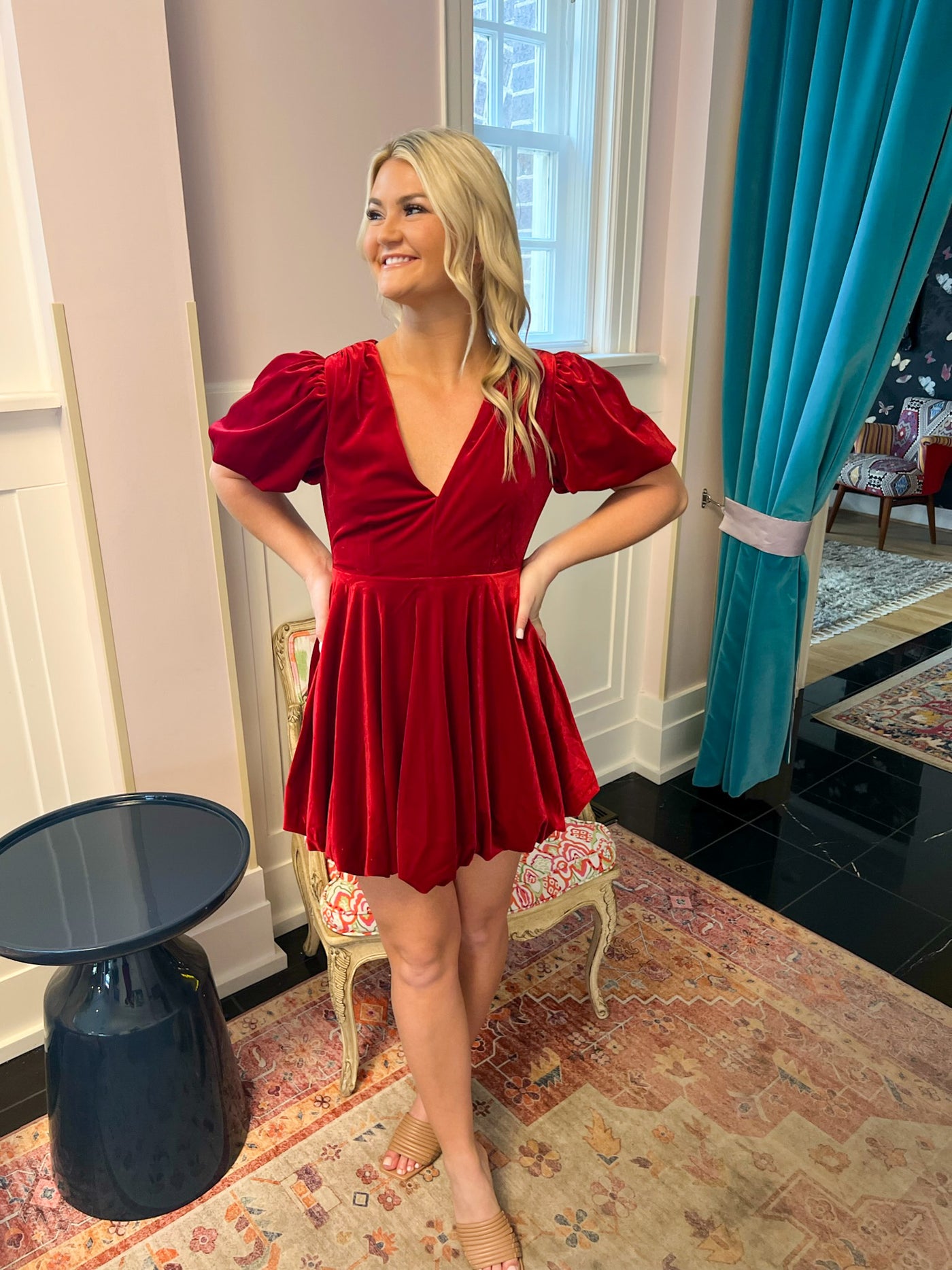 Velvet Bubble Hem Mini Dress- Scarlett Red
