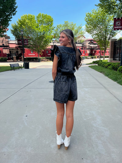 Black Ruffle Trimmed Denim Romper