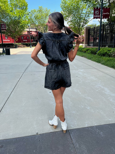 Black Ruffle Trimmed Denim Romper