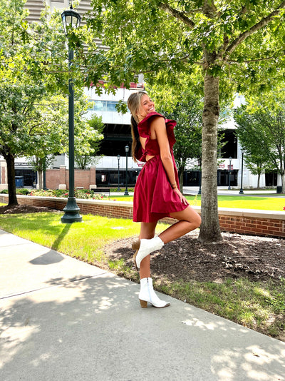 Ruffle Detail Tie Back Dress-Garnet