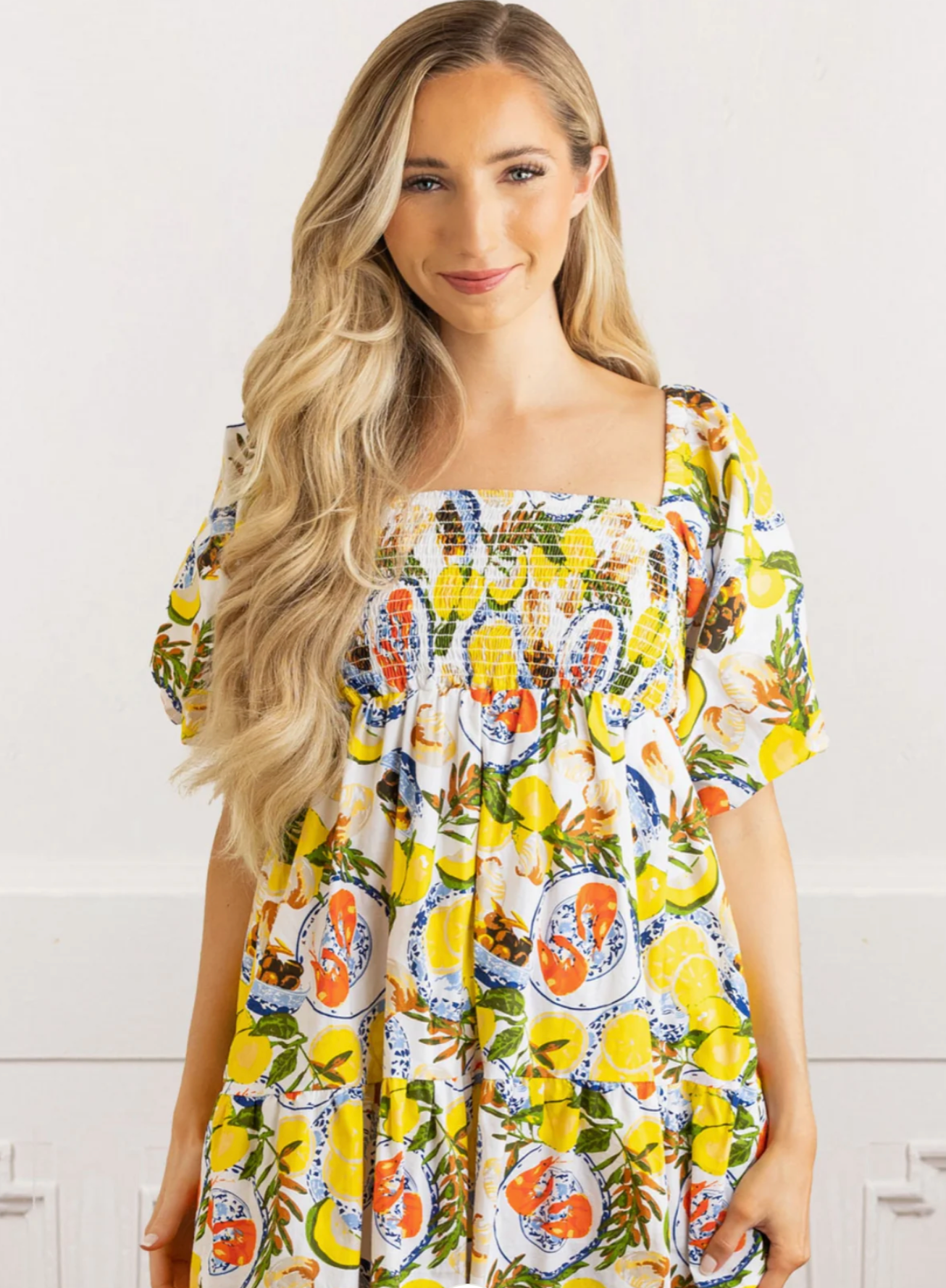 Lemon Santorini Puff Sleeve Mini Dress