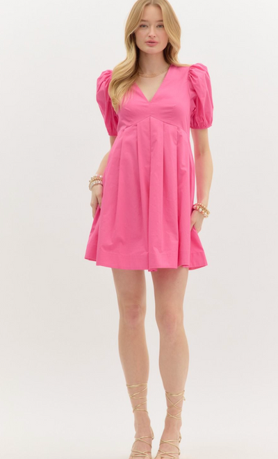 V Neck Pleated Waist Dress- Pink