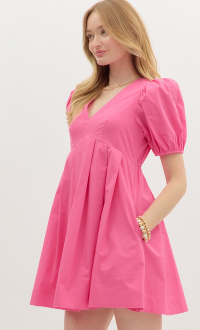 V Neck Pleated Waist Dress- Pink