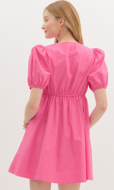 V Neck Pleated Waist Dress- Pink