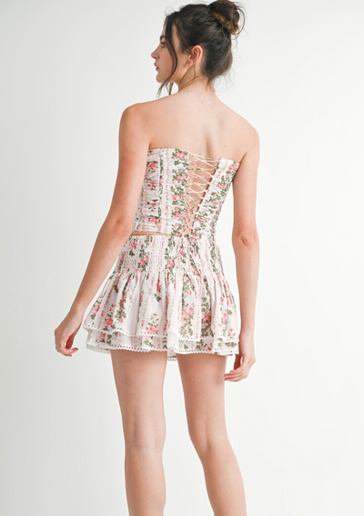Floral Print Ruched Corset Set- Pink