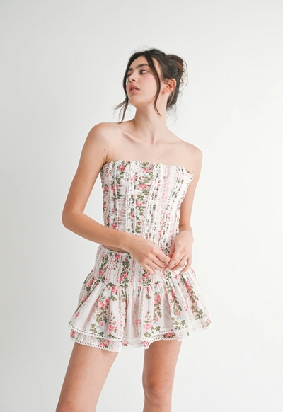 Floral Print Ruched Corset Set- Pink