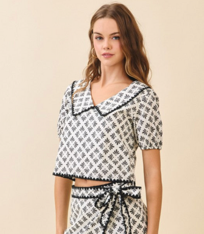 Cream and Black Bold Print Contrast Trim Top
