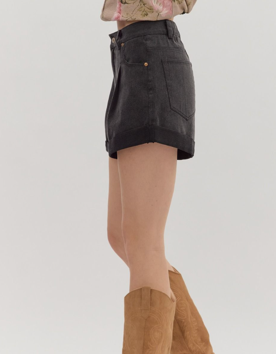 Black High Waisted Roll Up Hem Shorts