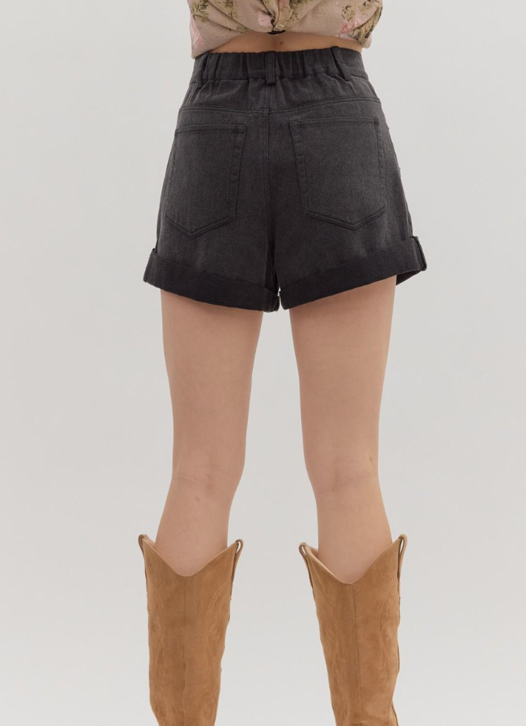 Black High Waisted Roll Up Hem Shorts
