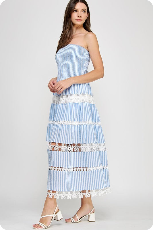 Eyelet Embroidered Lace Tube Dress- Blue Stripes